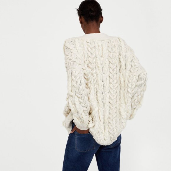 Zara Cable Knit Chunky Cream Top Cardigan Sweater - Picture 2 of 7